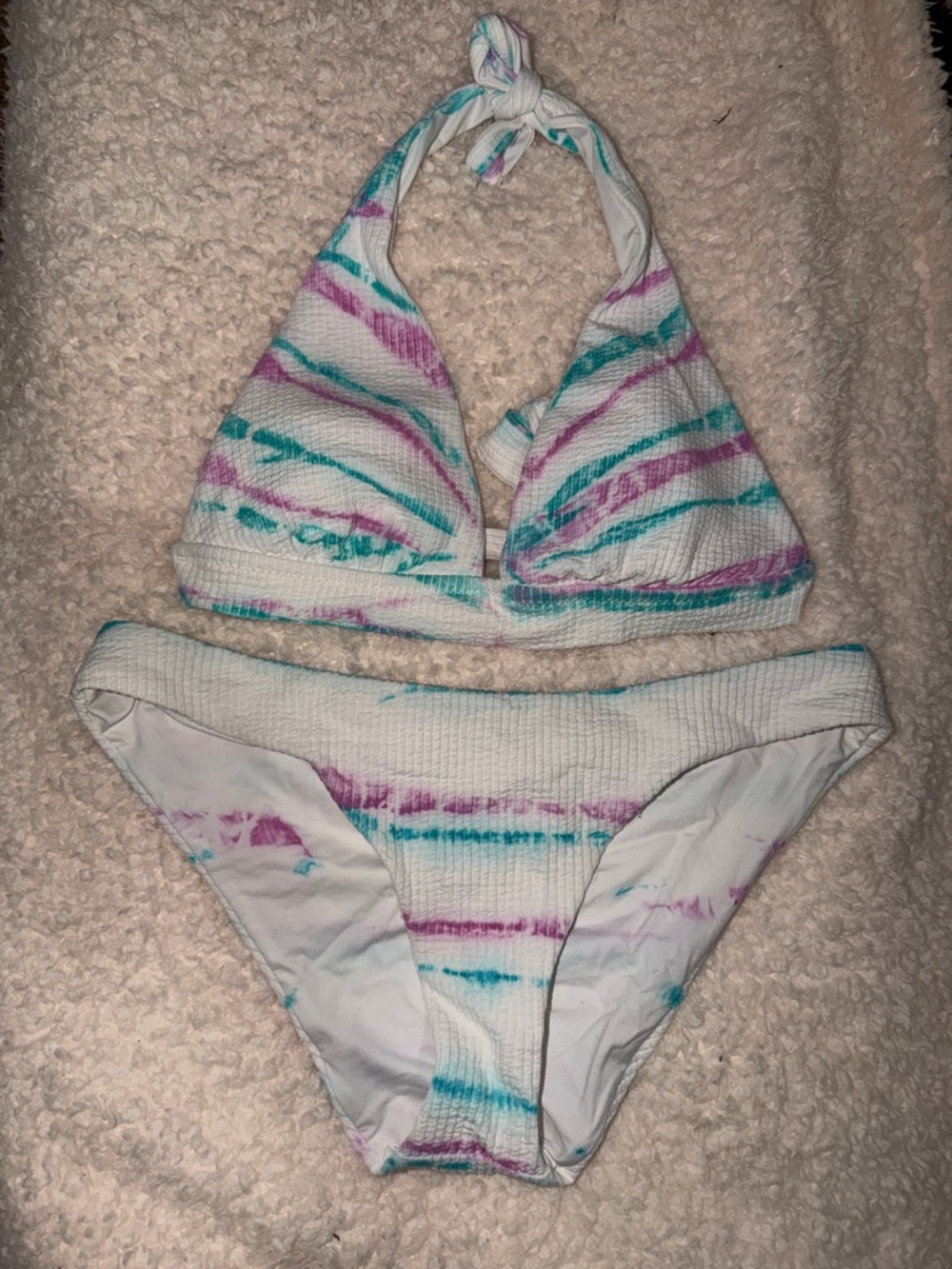 White Tie-Dye Ribbed Halter Bikini Set - Teal & Purple Stripes